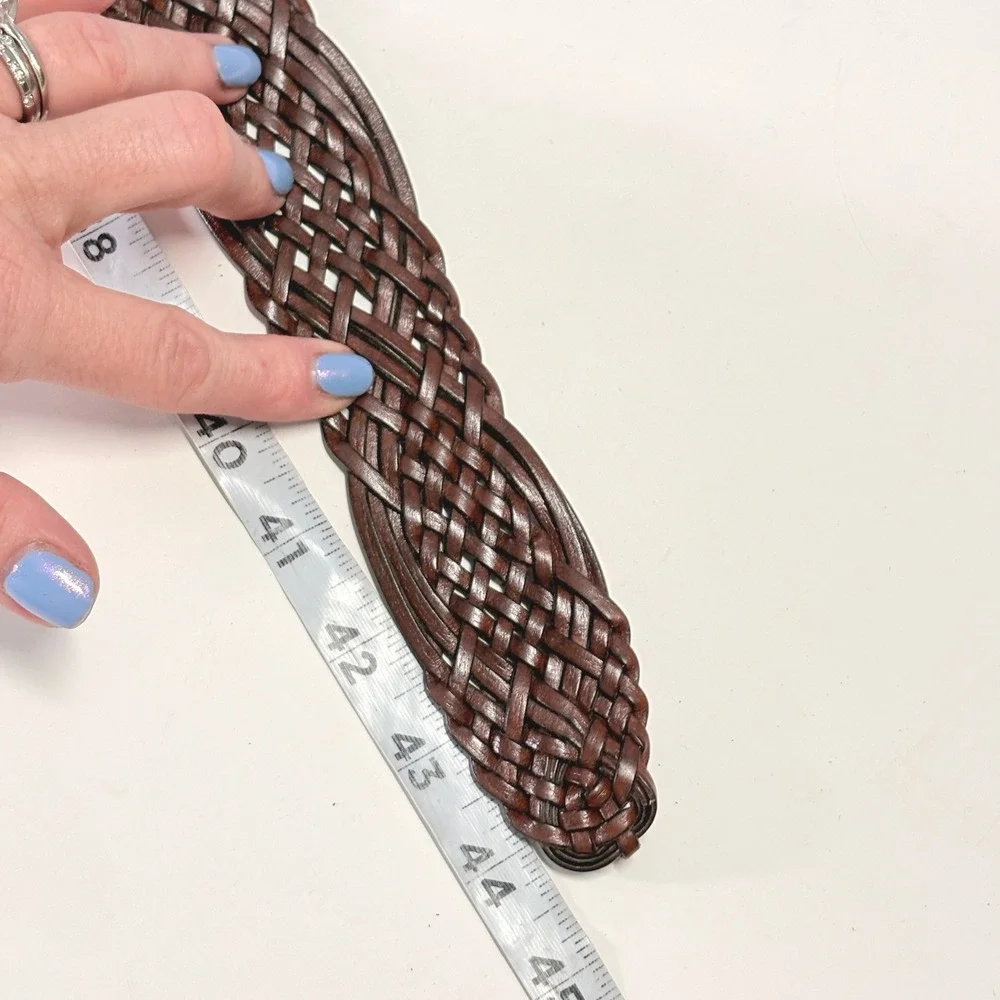 Womens Brown Braided Woven Leather Belt Large Brass Buckle Boho Western Classic